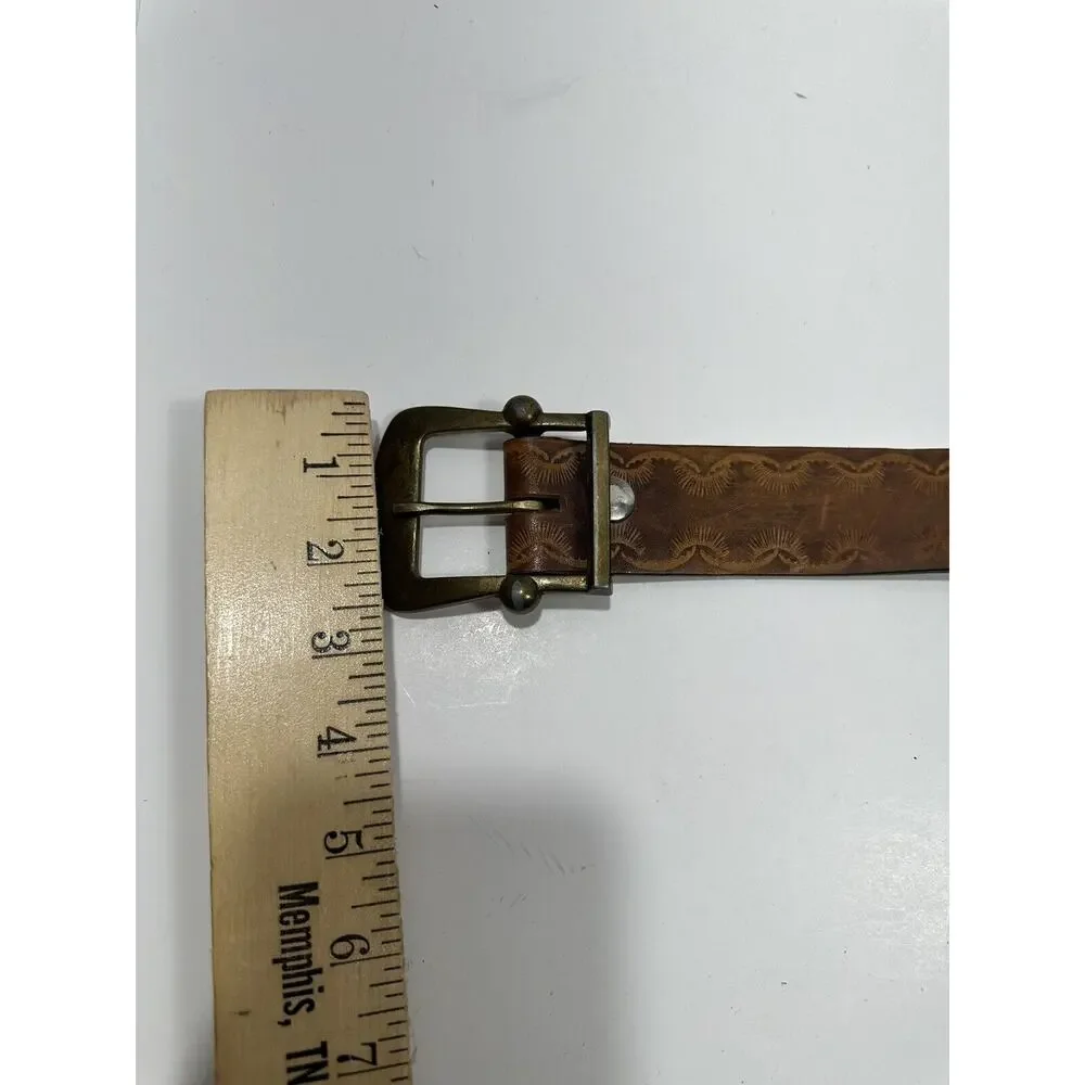 Leather Light Brown Leather Embossed Design Belt Brass Buckle Sz 38 See Pictures